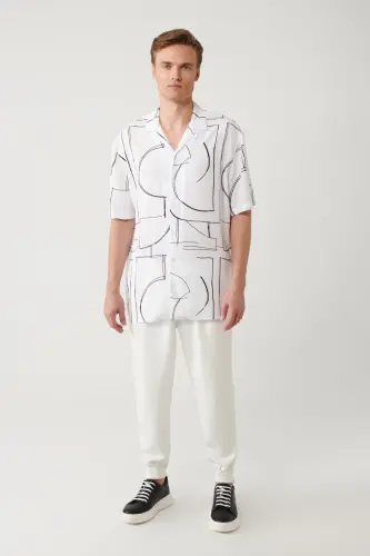 Erkek Beyaz %100 Viskon Apaj Yaka Baskılı Viskon Kısa Kollu Oversize Fit Gömlek A41Y2149 - Beyaz - 6