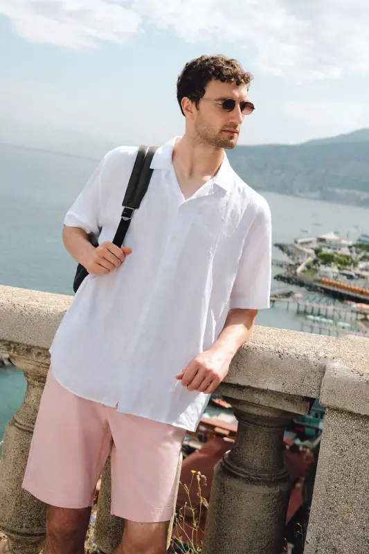 Erkek Beyaz Apaj Yaka %100 Keten Kısa Kol Oversize Fit Gömlek A41Y2209-Beyaz - AVVA