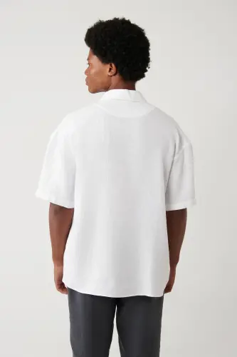 Erkek Beyaz Apaj Yaka %100 Keten Kısa Kol Oversize Fit Gömlek A41Y2209-Beyaz - 5