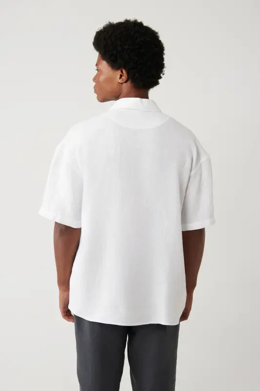 Erkek Beyaz Apaj Yaka %100 Keten Kısa Kol Oversize Fit Gömlek A41Y2209-Beyaz - 5