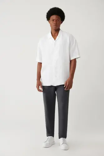 Erkek Beyaz Apaj Yaka %100 Keten Kısa Kol Oversize Fit Gömlek A41Y2209-Beyaz - 6