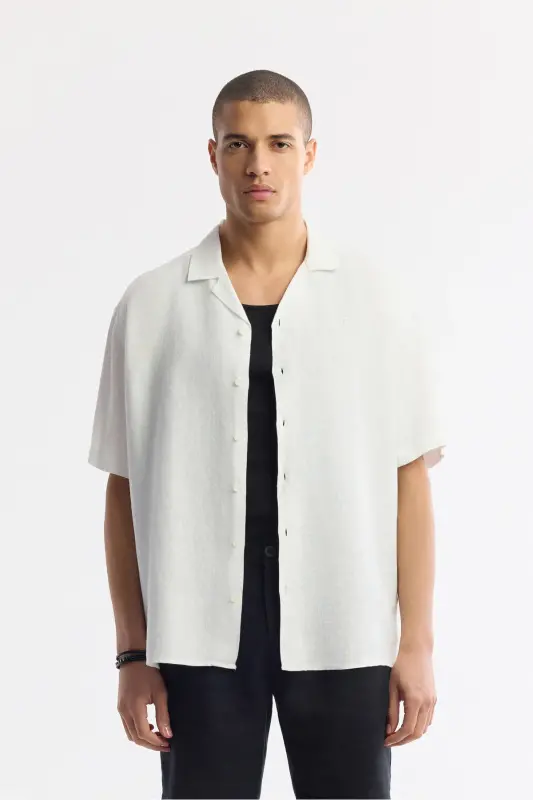 Erkek Beyaz Apaj Yaka %100 Keten Kısa Kol Oversize Fit Gömlek A51Y2209 - Beyaz - 1
