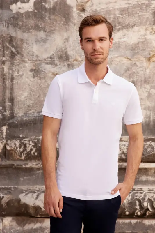 Erkek Beyaz Basic Düz %100 Pamuk Slim Fit Dar Kesim Kısa Kollu Polo Yaka Tişört - 4