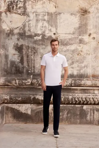 Erkek Beyaz Basic Düz %100 Pamuk Slim Fit Dar Kesim Kısa Kollu Polo Yaka Tişört 