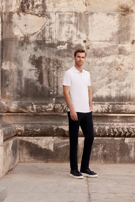 Erkek Beyaz Basic Düz %100 Pamuk Slim Fit Dar Kesim Kısa Kollu Polo Yaka Tişört - 3