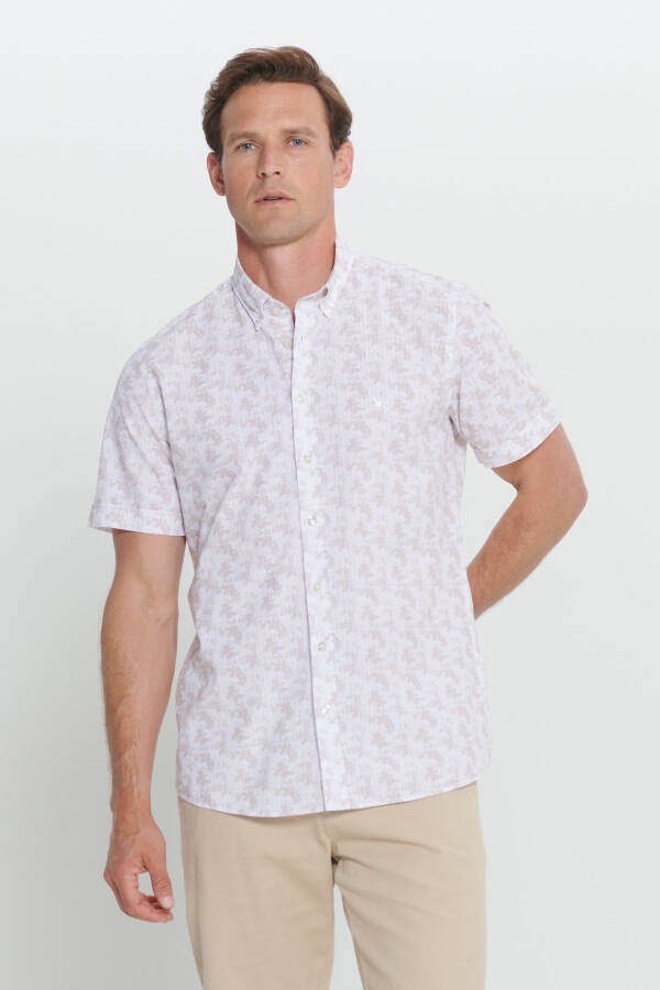 Erkek Beyaz-Bej %100 Pamuk Baskılı Slim Fit Dar Kesim Düğmeli Yaka Gömlek - Beyaz-Bej - 3