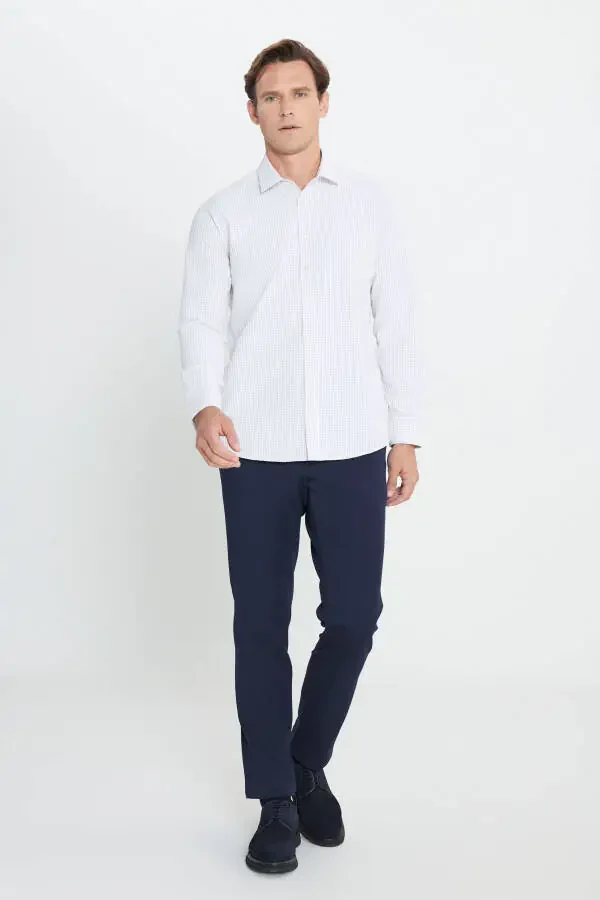 Erkek Beyaz-Bej Pamuklu Oxford Slim Fit Dar Kesim Klasik Yaka Armürlü Gömlek-Beyaz - 2