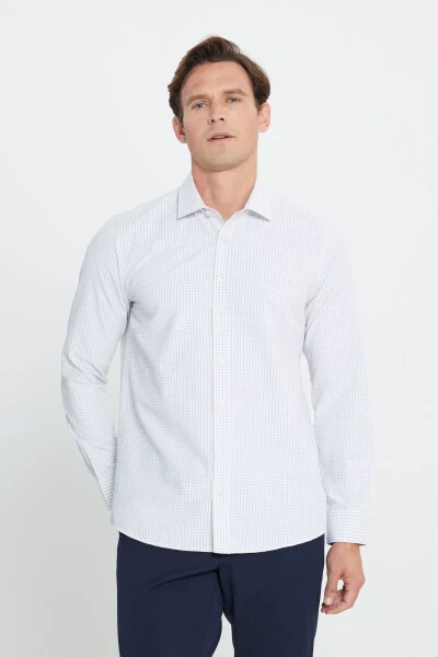 Erkek Beyaz-Bej Pamuklu Oxford Slim Fit Dar Kesim Klasik Yaka Armürlü Gömlek-Beyaz - 3