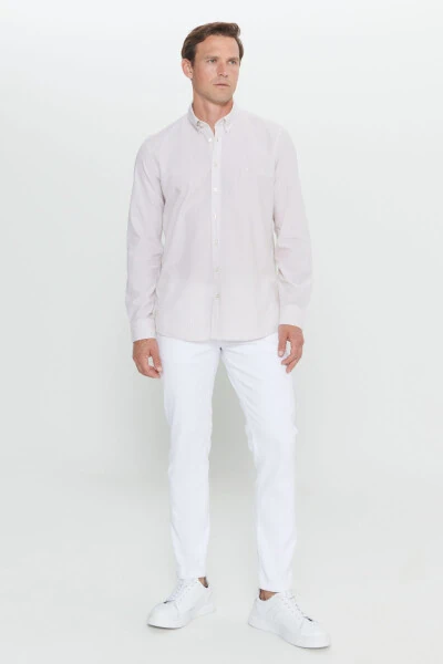 Erkek Beyaz-Bej Slim Fit Dar Kesim Düğmeli Yaka %100 Pamuk Çizgili Gömlek-Beyaz - ALTINYILDIZ CLASSICS (1)