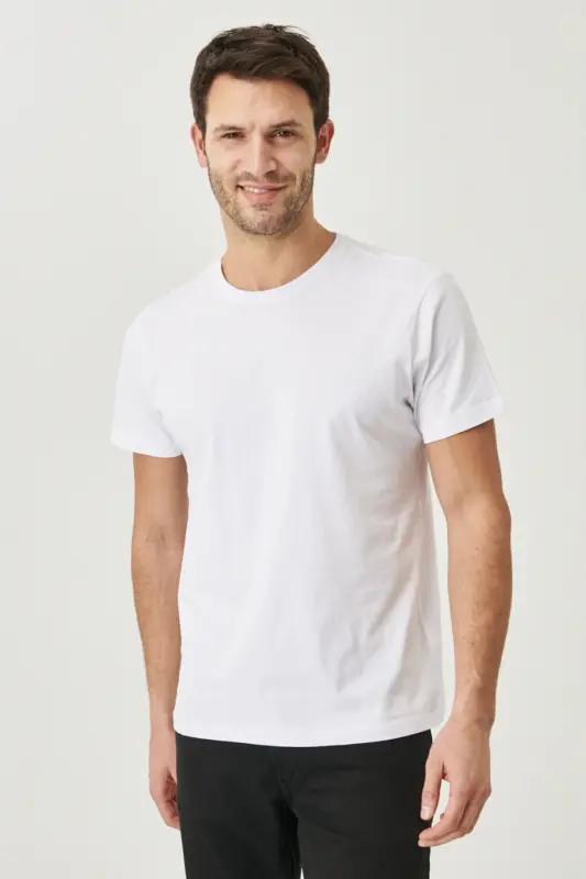 Erkek Beyaz-Beyaz 2'li Paket Slim Fit Dar Kesim Pamuklu Basic Tişört-BEYAZ - 4