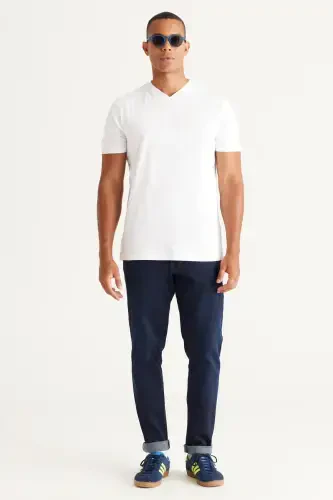 Erkek Beyaz-beyaz 2'li V Yaka %100 Pamuk Slim Fit Dar Kesim Basic Tişört-BEYAZ - 6