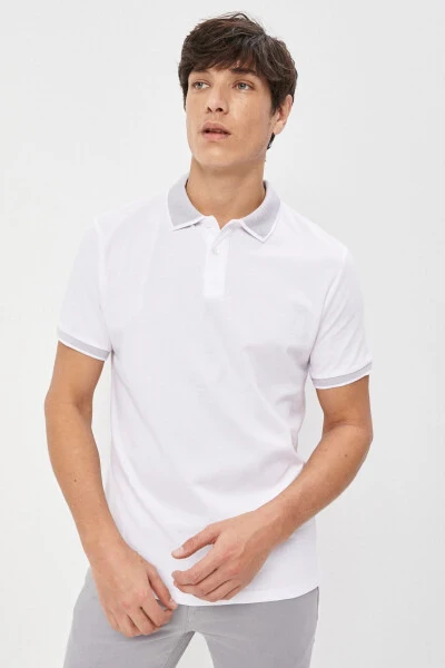 Erkek Beyaz-beyaz Slim Fit Dar Kesim Polo Yaka Kısa Kollu Basic Tişört-BEYAZ - 1