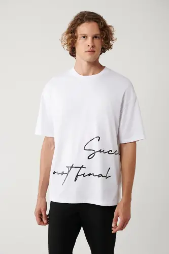 Erkek Beyaz %100 Pamuk Bisiklet Yaka Baskılı Oversize Fit T-Shirt A41Y1038-Beyaz - 3