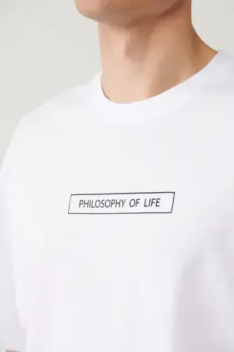 Erkek Beyaz %100 Pamuk Bisiklet Yaka Baskılı Oversize Fit T-Shirt A41Y1173 - AVVA (1)