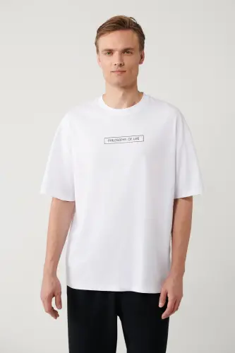 Erkek Beyaz %100 Pamuk Bisiklet Yaka Baskılı Oversize Fit T-Shirt A41Y1173 - Beyaz - 3