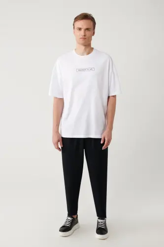 Erkek Beyaz %100 Pamuk Bisiklet Yaka Baskılı Oversize Fit T-Shirt A41Y1173 - Beyaz - 5