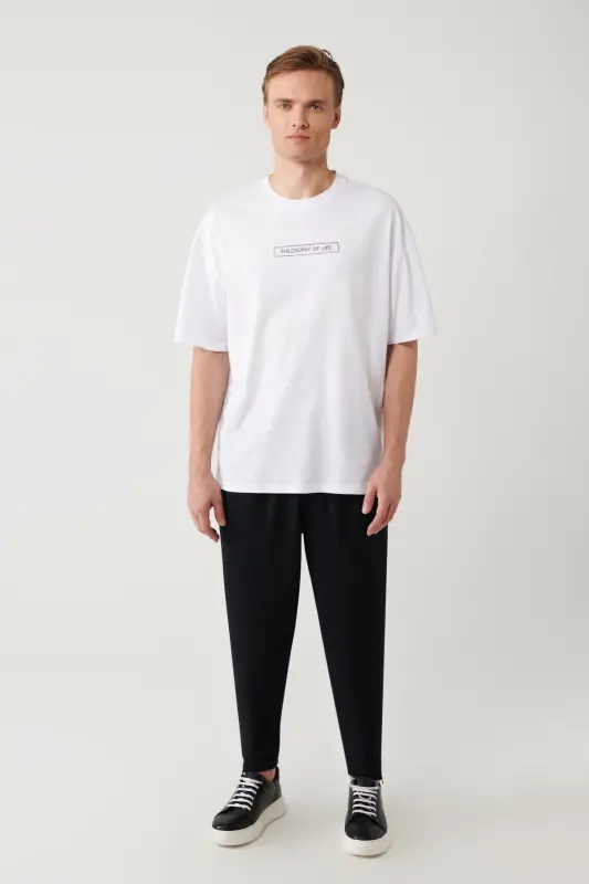 Erkek Beyaz %100 Pamuk Bisiklet Yaka Baskılı Oversize Fit T-Shirt A41Y1173 - Beyaz - 5