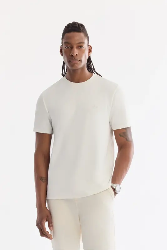 Erkek Beyaz Bisiklet Yaka Bi-Stretch Kırışmaz Baskılı Regular Fit T-Shirt B001040 - Beyaz - 1