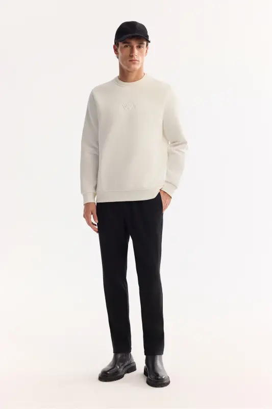 Erkek Beyaz Bisiklet Yaka Pamuklu Şardonlu Baskılı Regular Fit Sweatshirt B001033 - Beyaz - 5