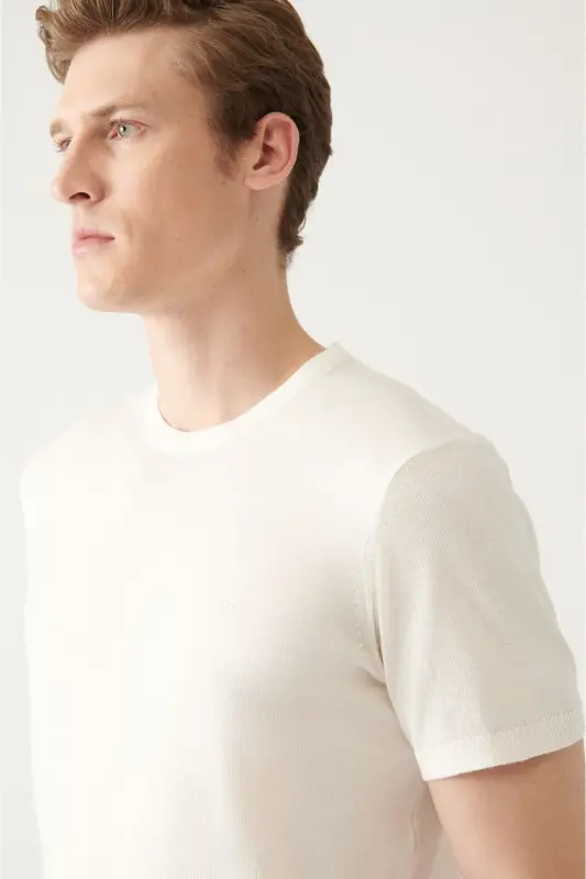 Erkek Beyaz Soft Touch Bisiklet Yaka Basic Triko T-Shirt A31Y5133 - Beyaz - 2