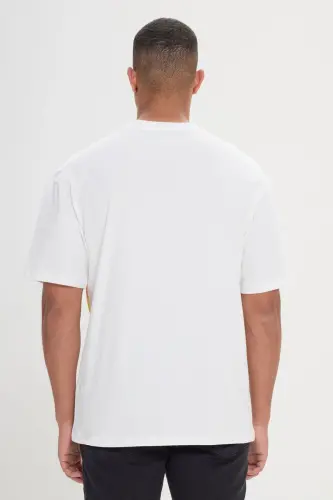 Erkek Beyaz Loose Fit Bol Kesim %100 Pamuk Yumuşak Dokulu Baskılı Bisiklet Yaka Tişört - Beyaz - 7