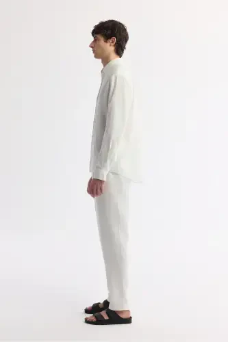 Erkek Beyaz Düğmeli Yaka %100 Keten Comfort Fit Gömlek B002191-Beyaz - 3