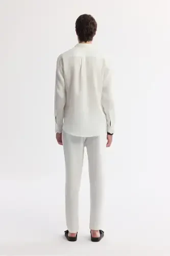 Erkek Beyaz Düğmeli Yaka %100 Keten Comfort Fit Gömlek B002191-Beyaz - 4