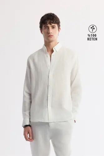 Erkek Beyaz Comfort Fit %100 Keten Düğmeli Yaka Gömlek B002191-Beyaz - 1