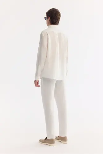 Erkek Beyaz Comfort Fit %100 Keten Düğmeli Yaka Gömlek B002191-Beyaz - 4