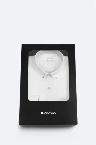 Erkek Beyaz Düğmeli Yaka Hediye Kutulu %100 Pamuk Basic Regular Fit Gömlek B002034-Beyaz - 1