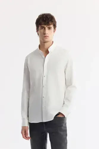 Erkek Beyaz Düğmeli Yaka Hediye Kutulu %100 Pamuk Basic Regular Fit Gömlek B002034-Beyaz - 3