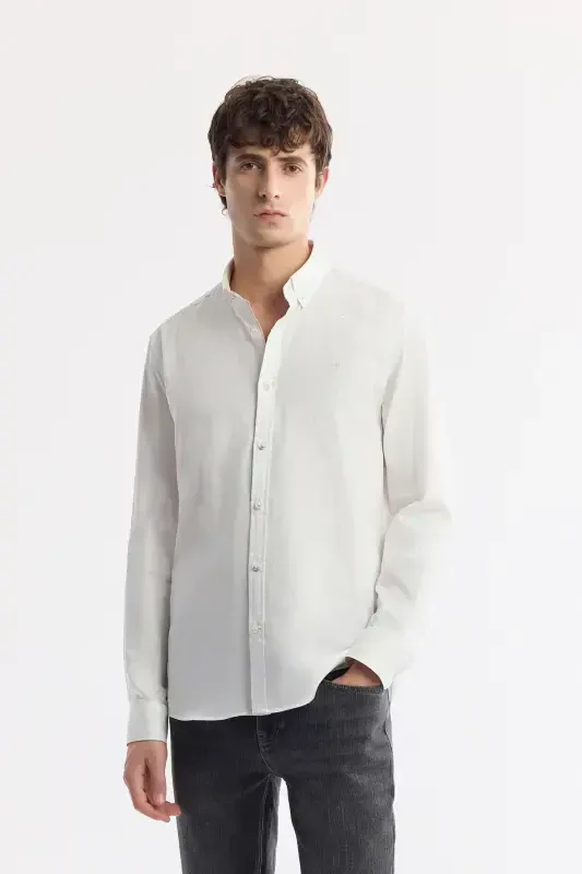 Erkek Beyaz Düğmeli Yaka Hediye Kutulu %100 Pamuk Basic Regular Fit Gömlek B002034-Beyaz - 3