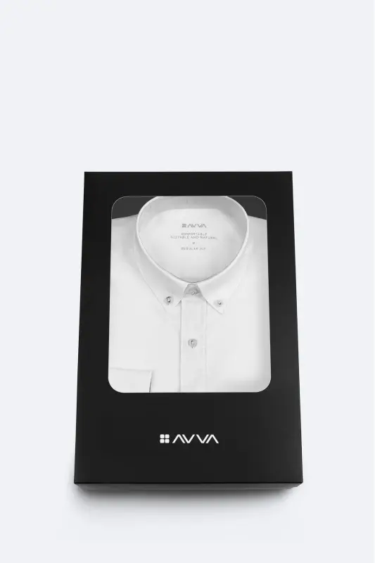 Erkek Beyaz Düğmeli Yaka Hediye Kutulu %100 Pamuk Basic Regular Fit Gömlek B002034 - Beyaz - AVVA