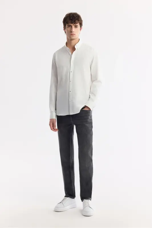 Erkek Beyaz Düğmeli Yaka Hediye Kutulu %100 Pamuk Basic Regular Fit Gömlek B002034 - Beyaz - 7