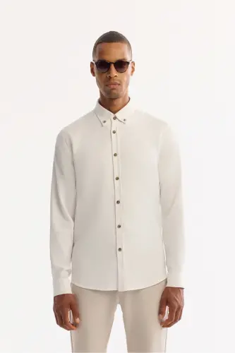Erkek Beyaz Düğmeli Yaka Pamuklu Soft Touch Regular Fit Gömlek B002036 - Beyaz 