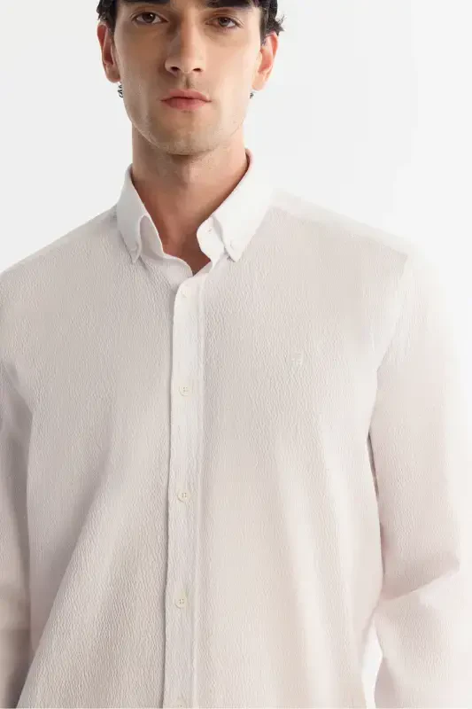 Erkek Beyaz Düğmeli Yaka Kolay Ütülenir Comfort Fit Gömlek A42Y2071-Beyaz - 2