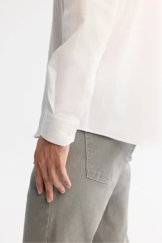 Erkek Beyaz Düğmeli Yaka Kolay Ütülenir Comfort Fit Gömlek A42Y2071-Beyaz - 3