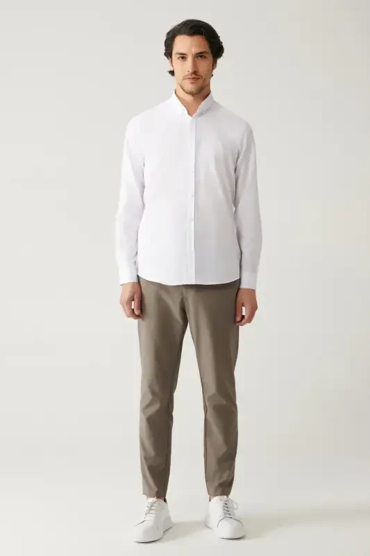 Erkek Beyaz Düğmeli Yaka Kolay Ütülenebilir Pamuklu Oxford Gömlek E002000-Beyaz - 5