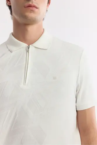 Erkek Beyaz Polo Yaka Jakarlı Elastan Regular Fit T-Shirt A51Y1059 - Beyaz - 2