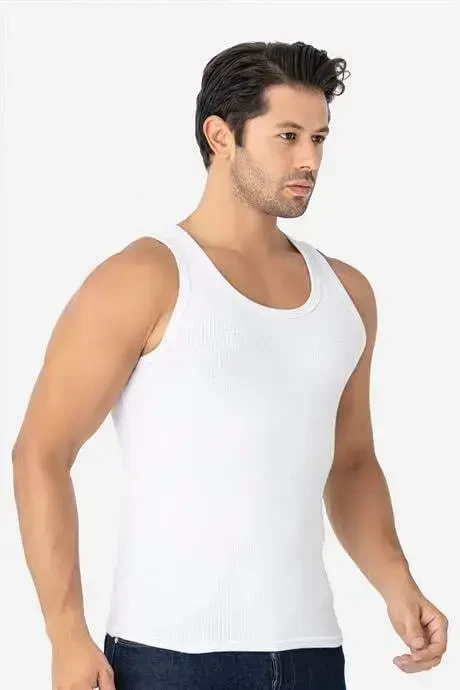 Erkek Beyaz Fitilli Atlet Pamuklu Likralı Kaşkorse Halter Yaka Slim Fit Atlet - 3