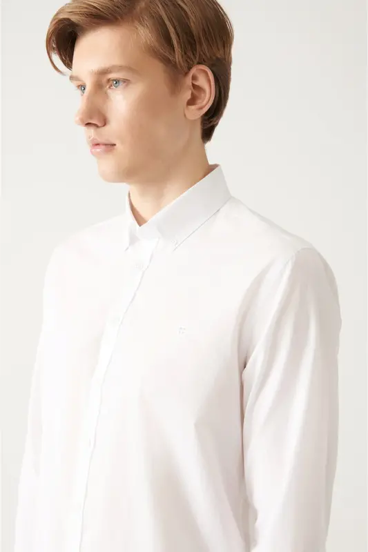 Erkek Beyaz Düğmeli Yaka Basic %100 Pamuk Slim Fit Gömlek B002030 - Beyaz - 2