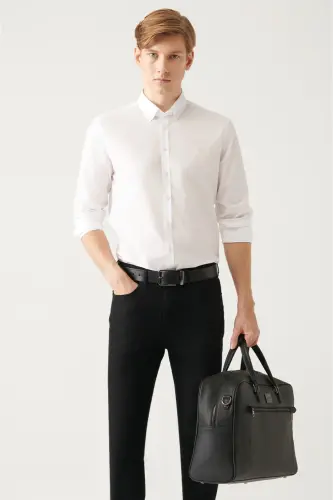 Erkek Beyaz Düğmeli Yaka Basic %100 Pamuk Slim Fit Gömlek B002030 - Beyaz - 3