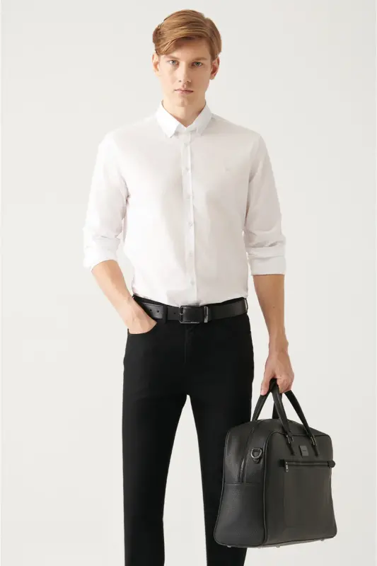 Erkek Beyaz Düğmeli Yaka Basic %100 Pamuk Slim Fit Gömlek B002030 - Beyaz - 3