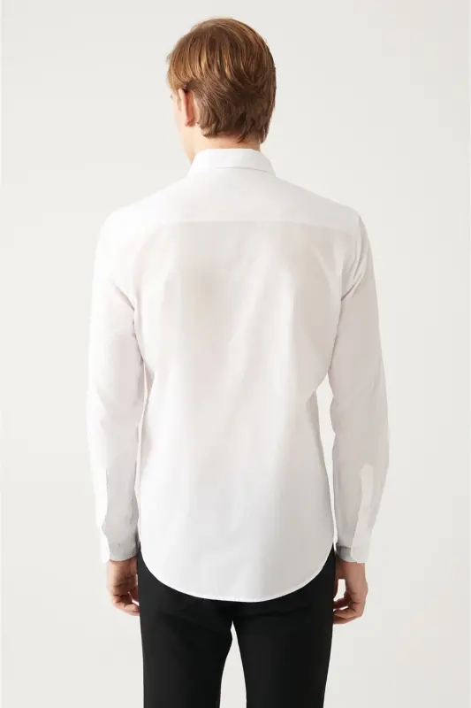 Erkek Beyaz Düğmeli Yaka Basic %100 Pamuk Slim Fit Gömlek B002030 - Beyaz - 4