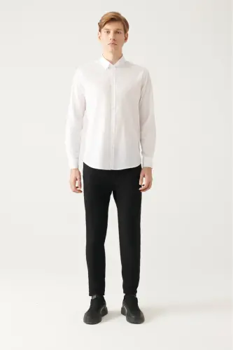 Erkek Beyaz Düğmeli Yaka Basic %100 Pamuk Slim Fit Gömlek B002030 - Beyaz - 5