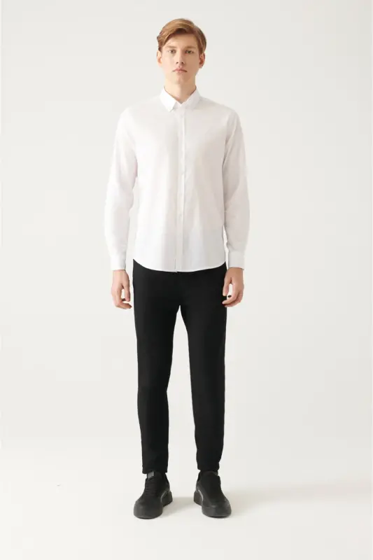 Erkek Beyaz Düğmeli Yaka Basic %100 Pamuk Slim Fit Gömlek B002030 - Beyaz - 5