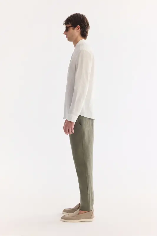 Erkek Beyaz Hakim Yaka %100 Keten Comfort Fit Gömlek B002035 - Beyaz - 3