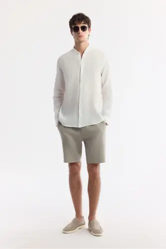 Erkek Beyaz Hakim Yaka %100 Keten Comfort Fit Gömlek B002035 - Beyaz - 6