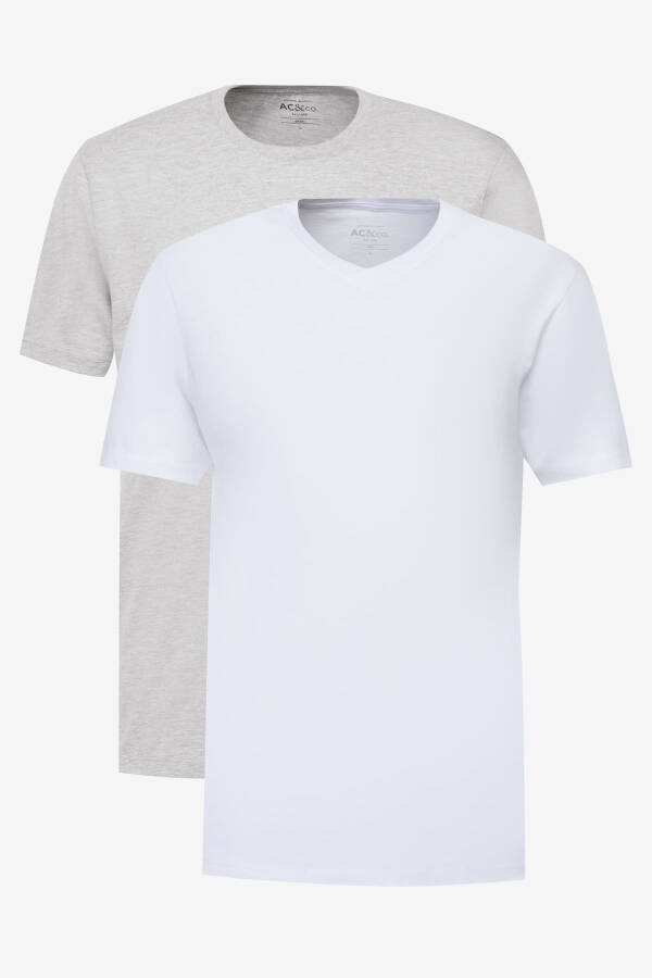 Erkek BEYAZ-GRİ MELANJ 2'li Paket Slim Fit Dar Kesim Pamuklu Basic Tişört - 1