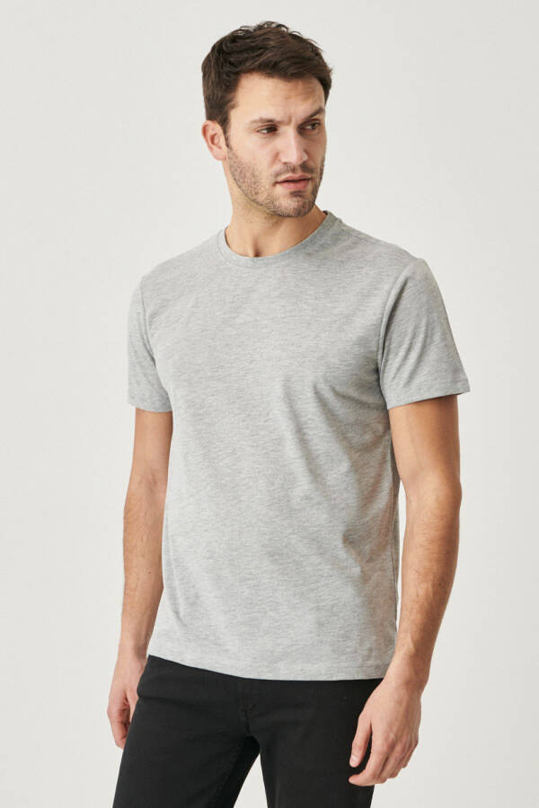Erkek BEYAZ-GRİ MELANJ 2'li Paket Slim Fit Dar Kesim Pamuklu Basic Tişört - 3
